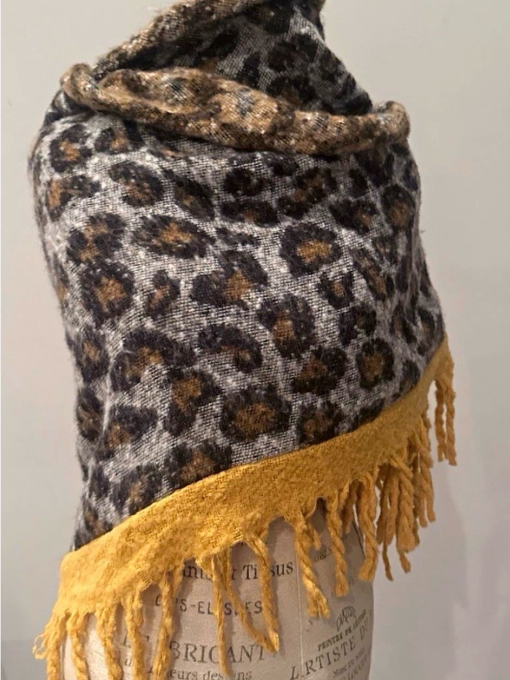 Altar'd State Gray and Mustard Leopard Fringe Wrap